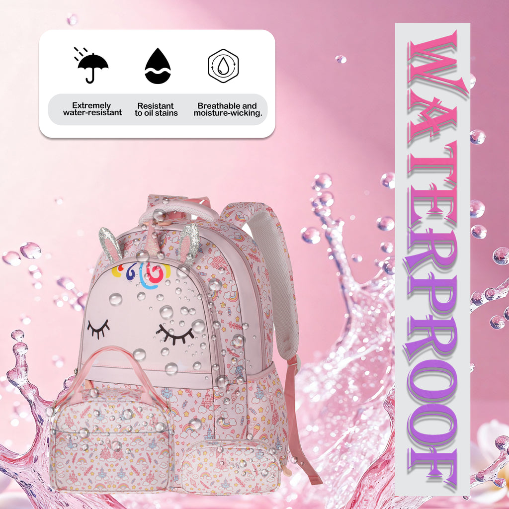 TONGJM 3Pcs Backpack Set for Girls, Kids Bookbag with Insulated Lunch Bag & Pencil Case, Cute Bag for Elementary Preschool Gift