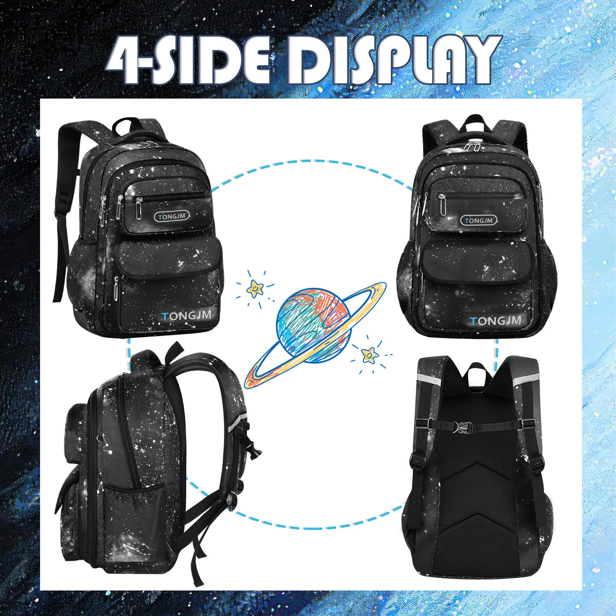 TONGJM School Backpack for Boys Teens Galaxy Starry, Waterproof Lightweight Laptop Bookbag, Ergonomic Daypack for Middle High School, Travel
