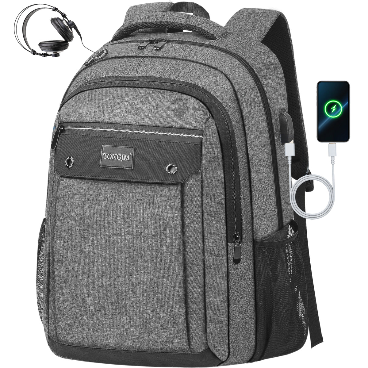 TONGJM Laptop Backpack with USB Charging Port ,Water Resistant Business Travel Bag for Work, School & Daily Commute, Fits 15.6" Laptop