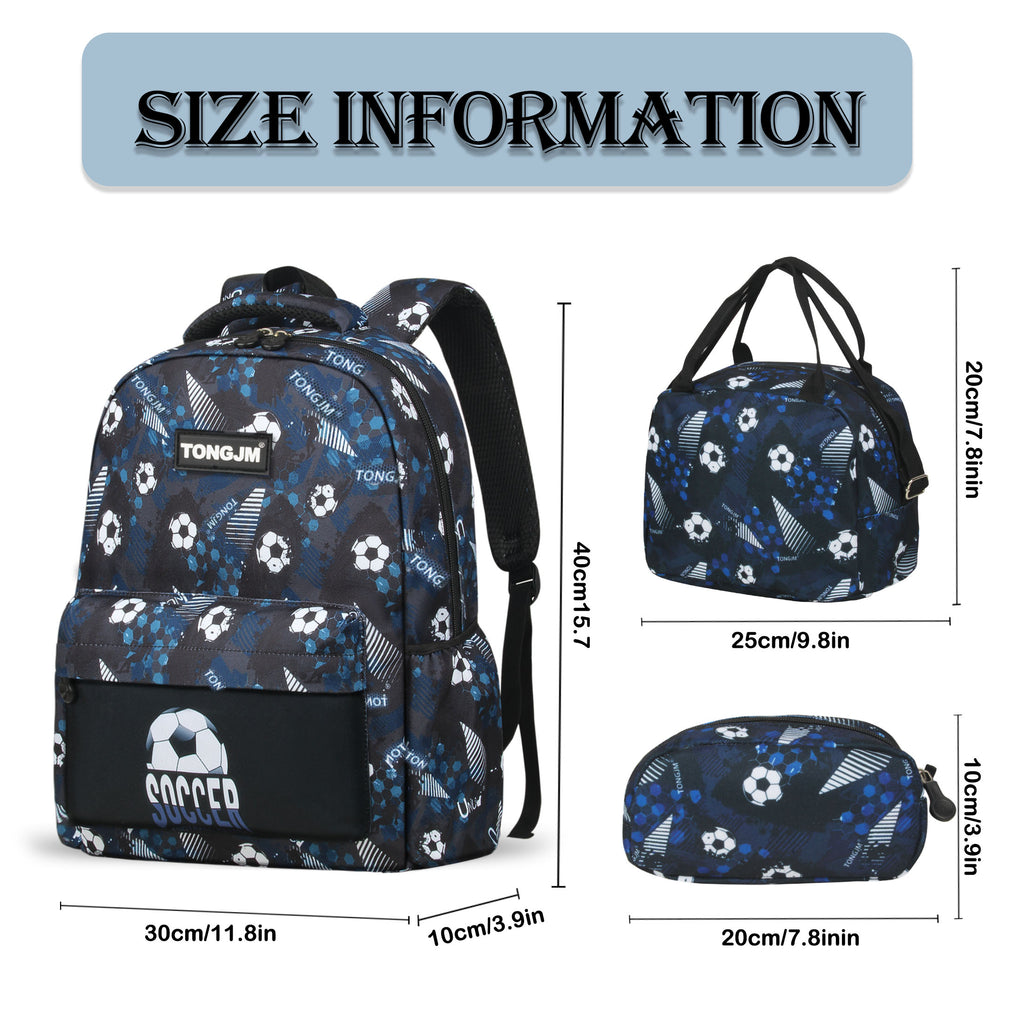 TONGJM 3pcs Backpack for Boys Girls with Lunch Box & Pencil Case, Lightweight Book Bag for School, Travel, Soccer Printed, Gifts