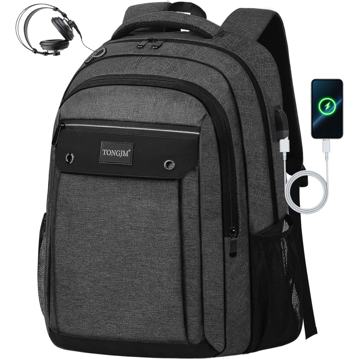 TONGJM Laptop Backpack with USB Charging Port ,Water Resistant Business Travel Bag for Work, School & Daily Commute, Fits 15.6" Laptop