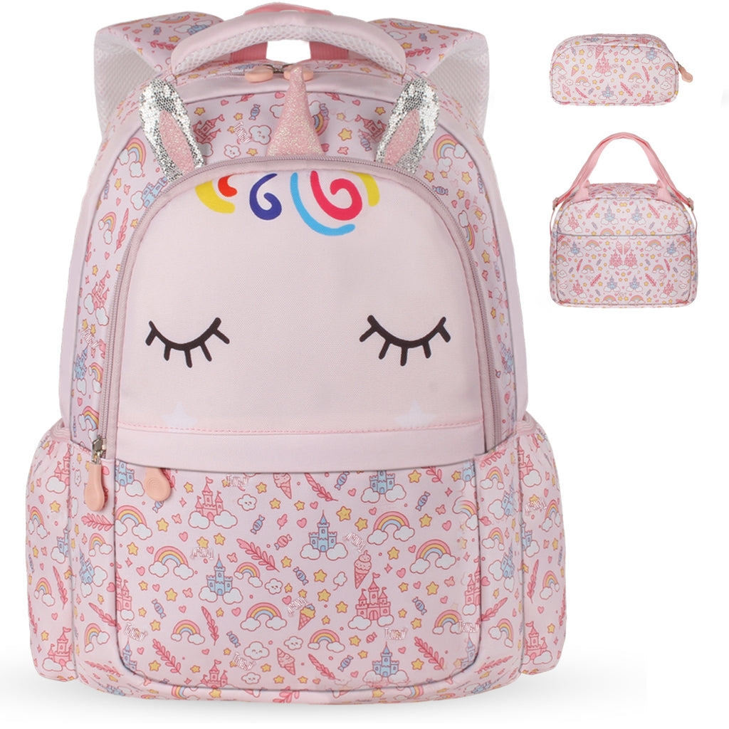 TONGJM 3Pcs Backpack Set for Girls, Kids Bookbag with Insulated Lunch Bag & Pencil Case, Cute Bag for Elementary Preschool Gift