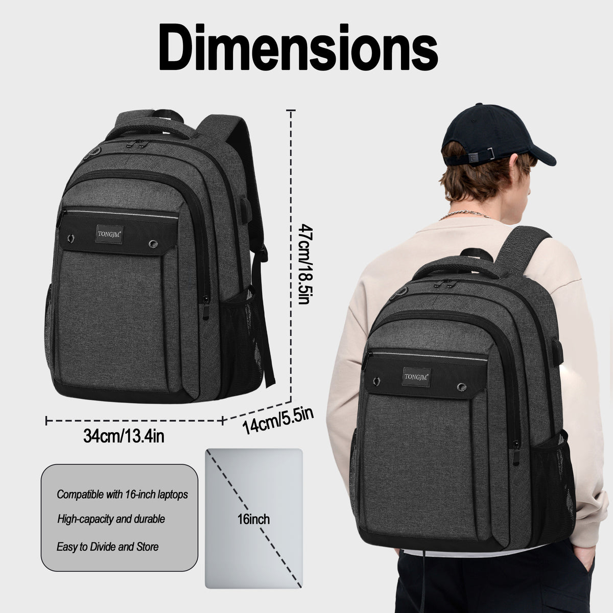 TONGJM Laptop Backpack with USB Charging Port ,Water Resistant Business Travel Bag for Work, School & Daily Commute, Fits 15.6" Laptop