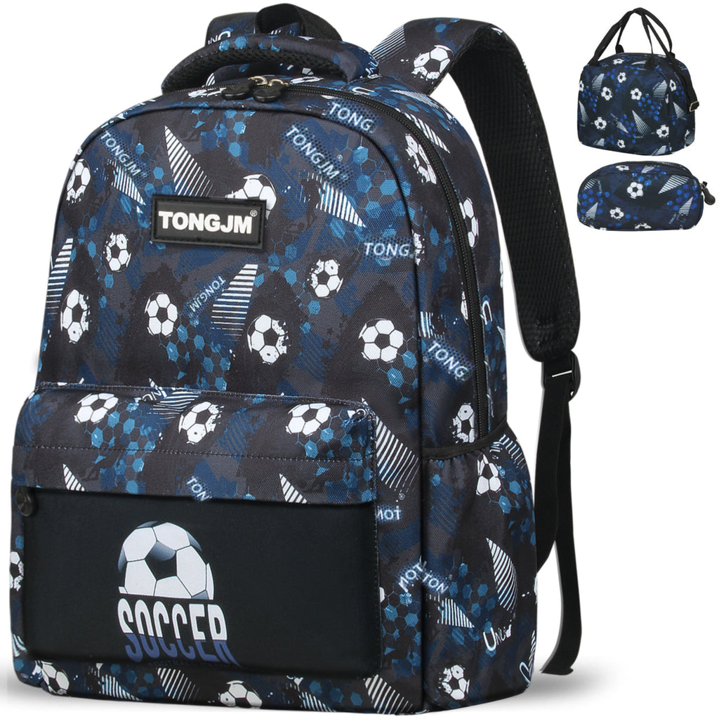 TONGJM 3pcs Backpack for Boys Girls with Lunch Box & Pencil Case, Lightweight Book Bag for School, Travel, Soccer Printed, Gifts