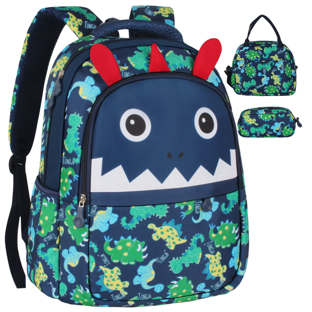 TONGJM 3Pcs Kids Dinosaur Backpack Set, Cute Cartoon School Bookbag with Insulated Lunch Bag & Pencil Case,Lightweight Travel Daypack