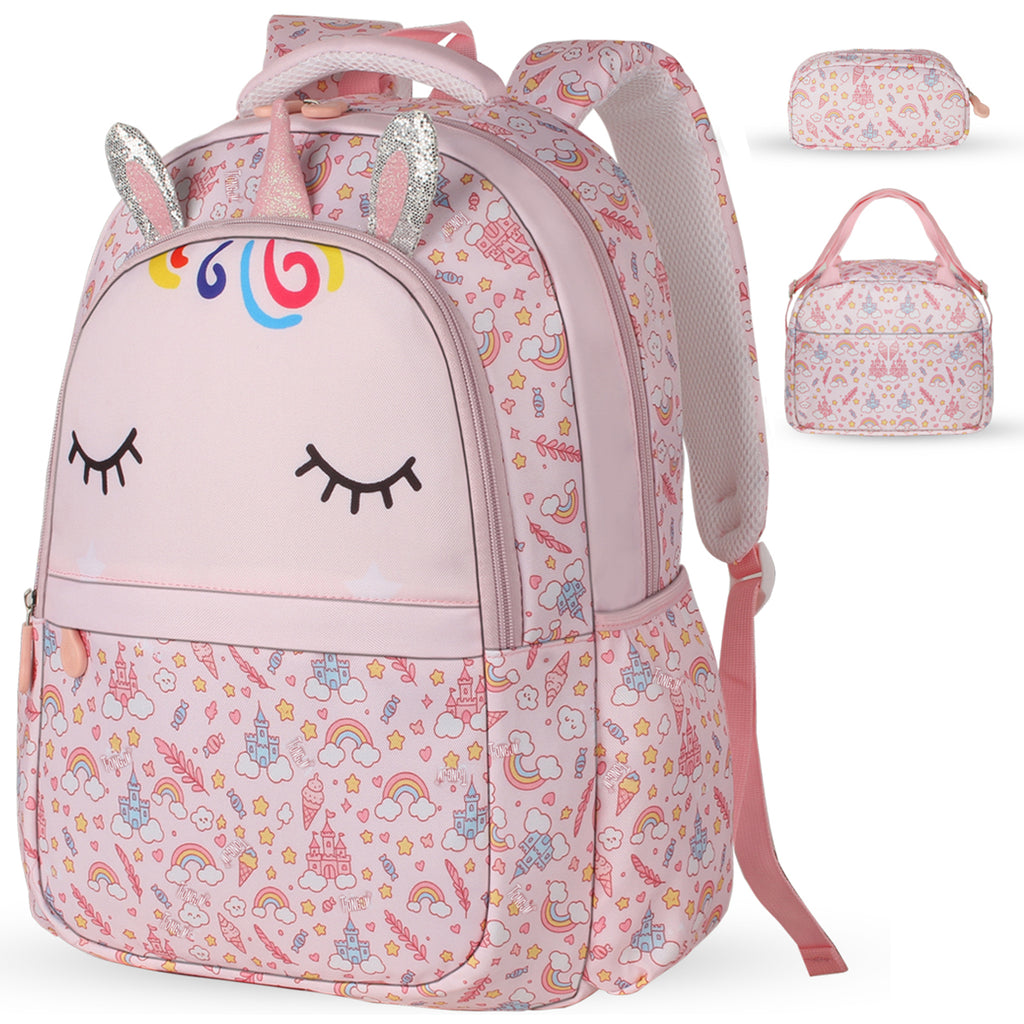 TONGJM 3Pcs Backpack Set for Girls, Kids Bookbag with Insulated Lunch Bag & Pencil Case, Cute Bag for Elementary Preschool Gift