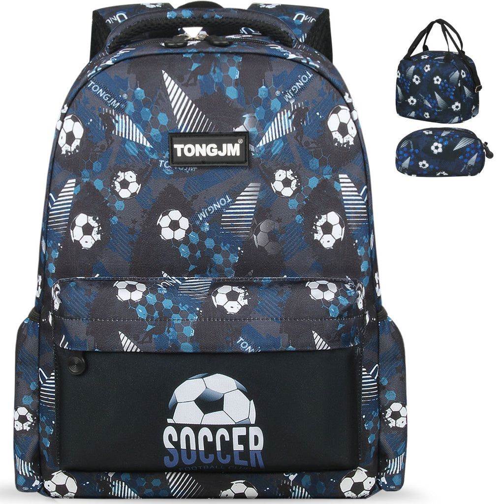 TONGJM 3pcs Backpack for Boys Girls with Lunch Box & Pencil Case, Lightweight Book Bag for School, Travel, Soccer Printed, Gifts