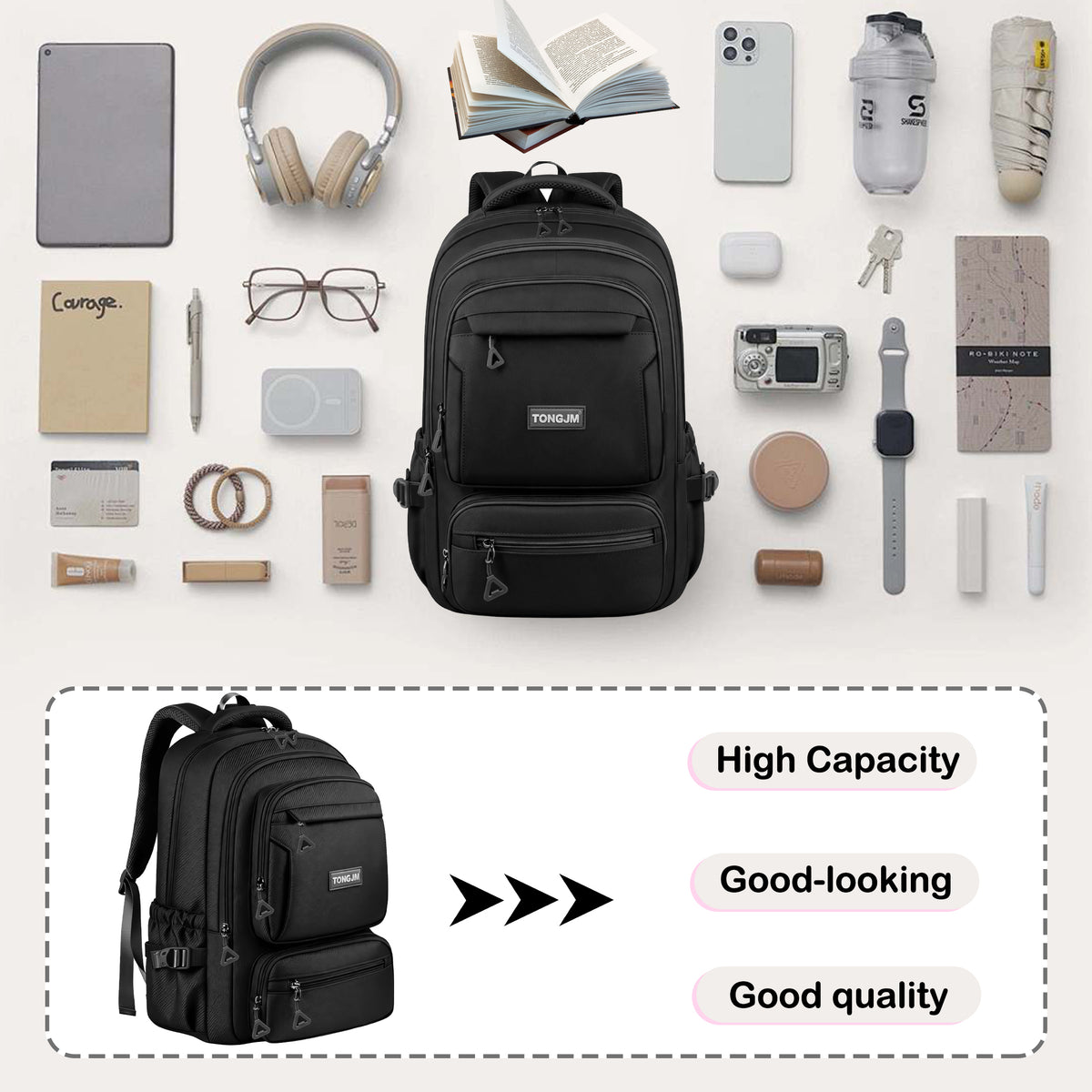 TONGJM School Backpack, Large Capacity Bookbag for 15.6inch Laptop, Water Resistant Bookbag for School Travel Work, Casual Daypack for Men Women Teens