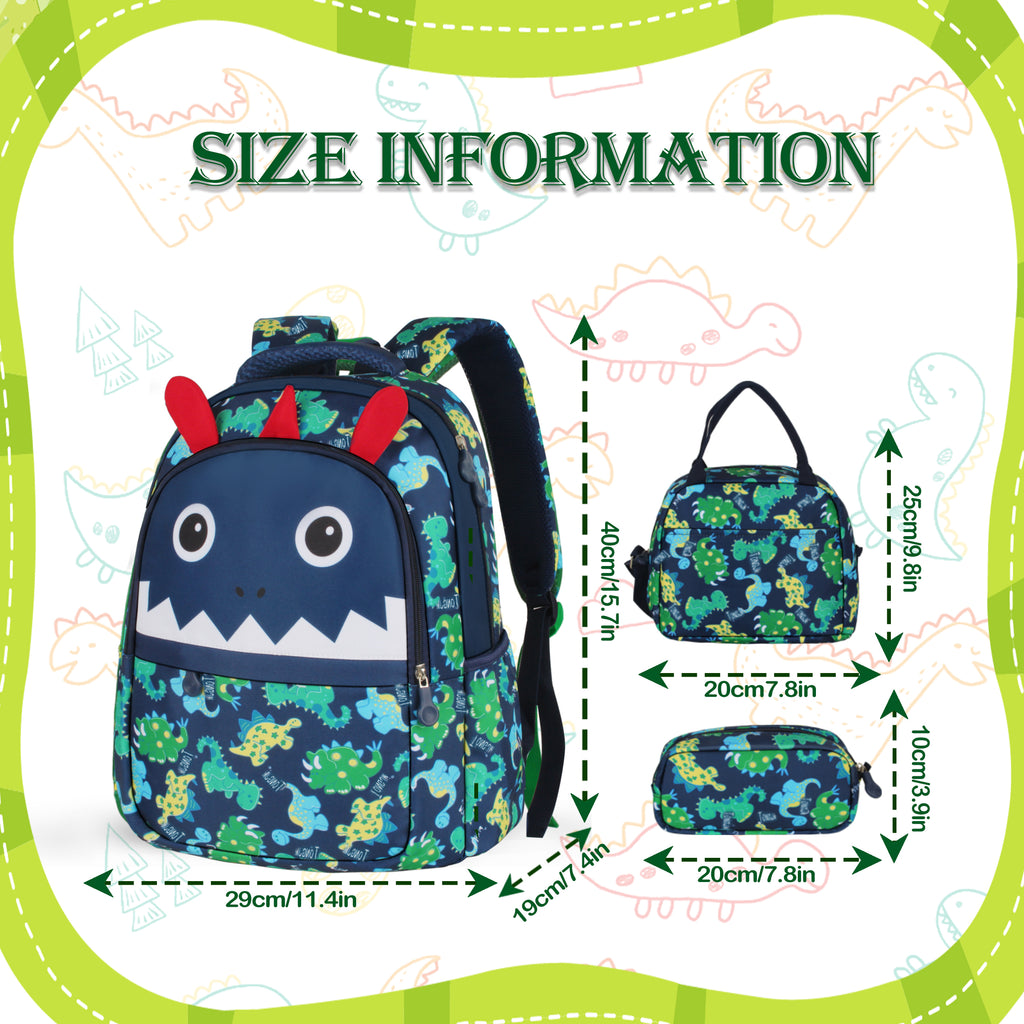 TONGJM 3Pcs Kids Dinosaur Backpack Set, Cute Cartoon School Bookbag with Insulated Lunch Bag & Pencil Case,Lightweight Travel Daypack