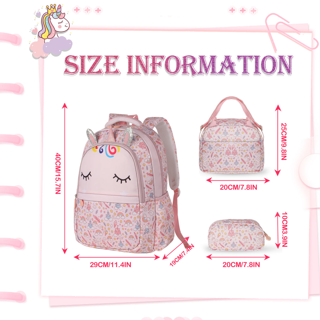 TONGJM 3Pcs Backpack Set for Girls, Kids Bookbag with Insulated Lunch Bag & Pencil Case, Cute Bag for Elementary Preschool Gift