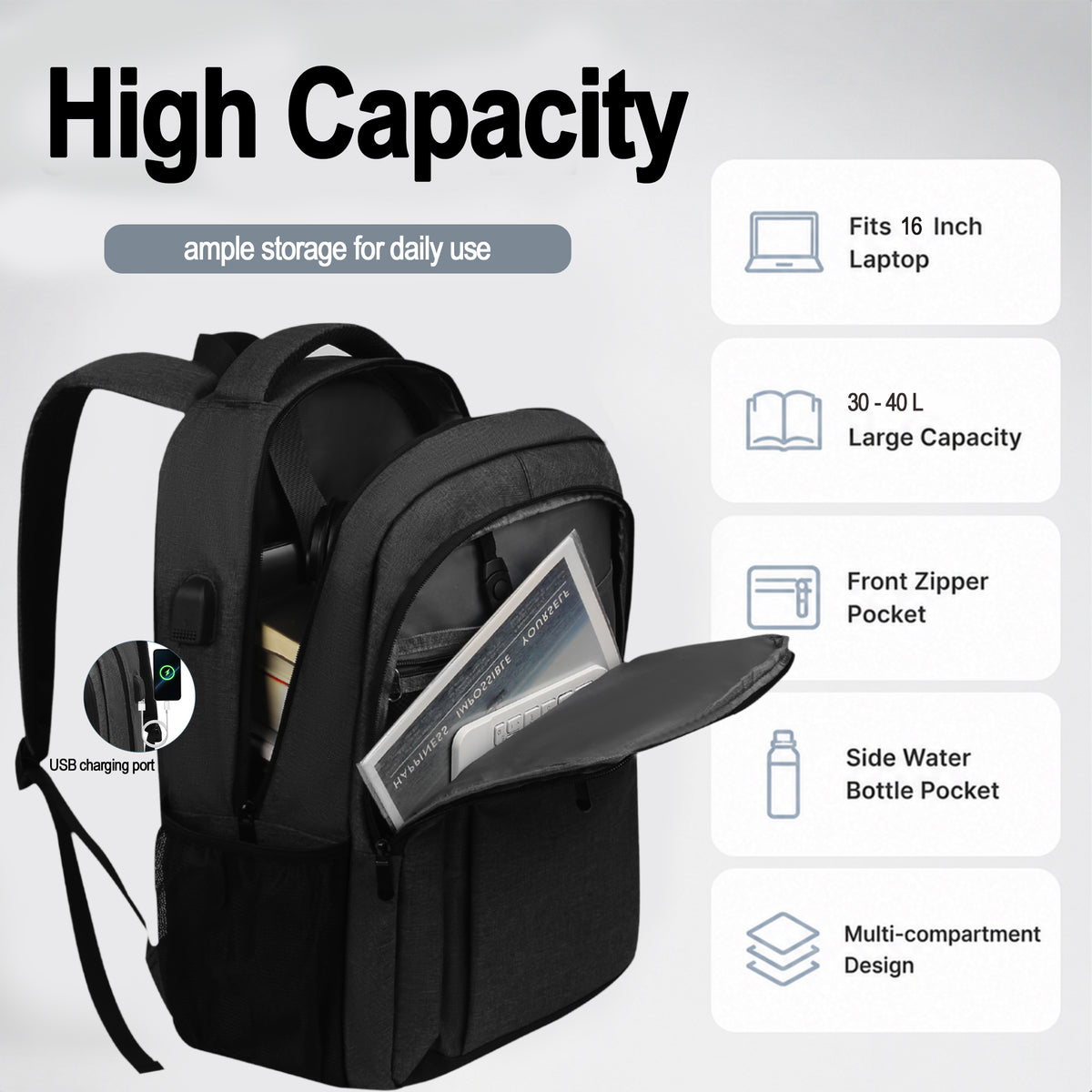 TONGJM Laptop Backpack with USB Charging Port ,Water Resistant Business Travel Bag for Work, School & Daily Commute, Fits 15.6" Laptop