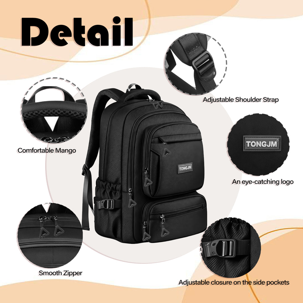 TONGJM School Backpack, Large Capacity Bookbag for 15.6inch Laptop, Water Resistant Bookbag for School Travel Work, Casual Daypack for Men Women Teens