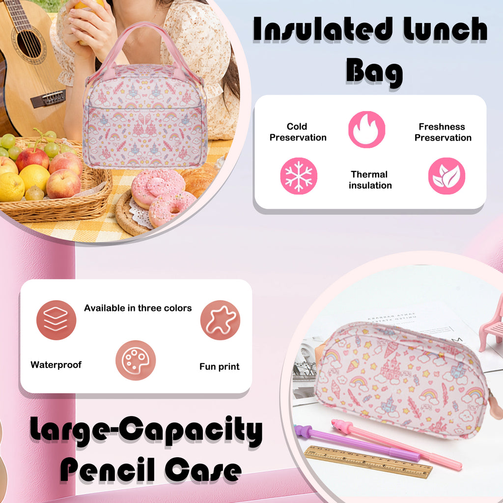 TONGJM 3Pcs Backpack Set for Girls, Kids Bookbag with Insulated Lunch Bag & Pencil Case, Cute Bag for Elementary Preschool Gift