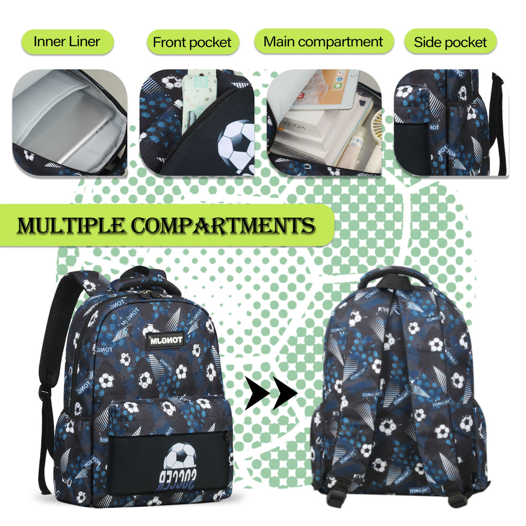 TONGJM 3pcs Backpack for Boys Girls with Lunch Box & Pencil Case, Lightweight Book Bag for School, Travel, Soccer Printed, Gifts