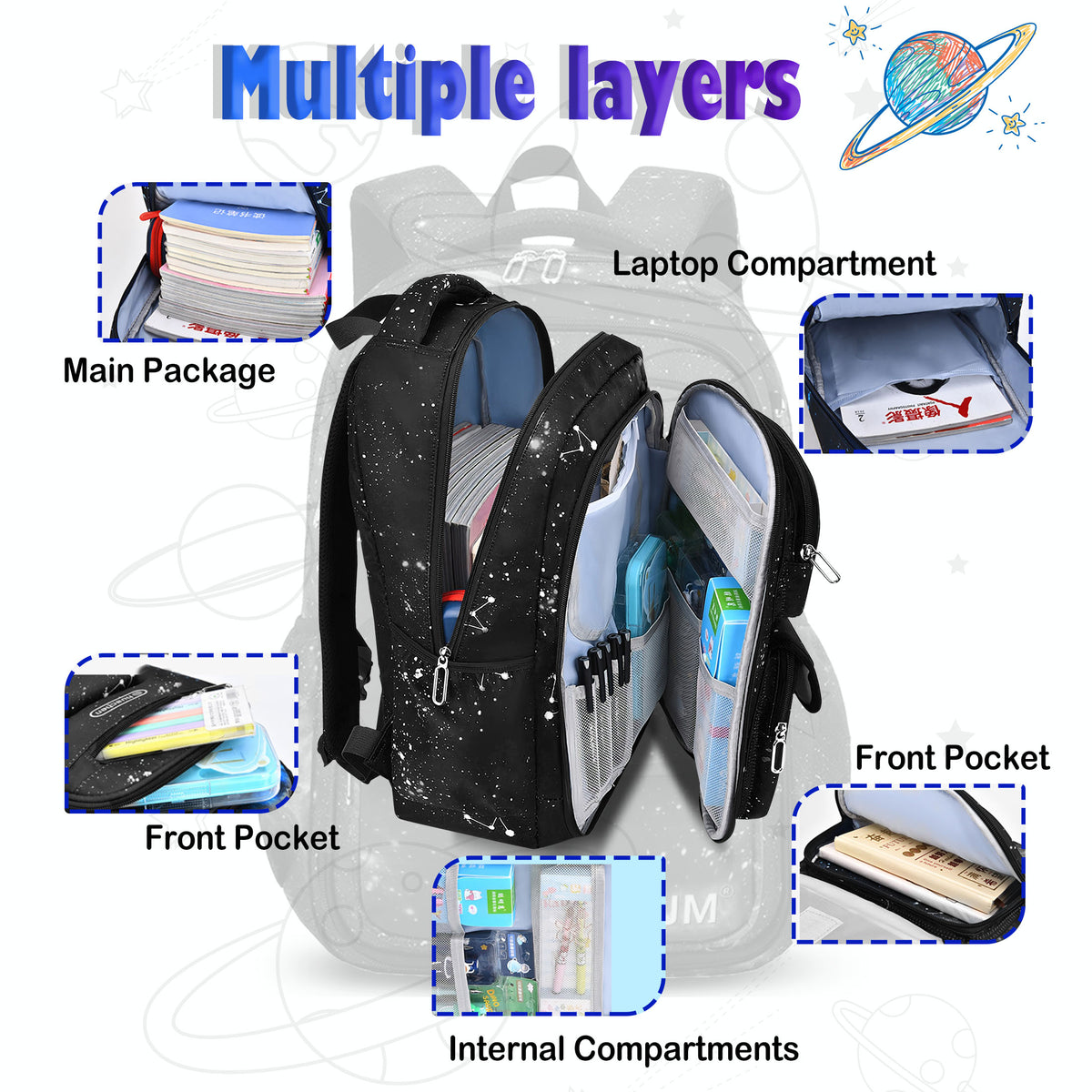 TONGJM School Backpack for Boys Teens Galaxy Starry, Waterproof Lightweight Laptop Bookbag, Ergonomic Daypack for Middle High School, Travel